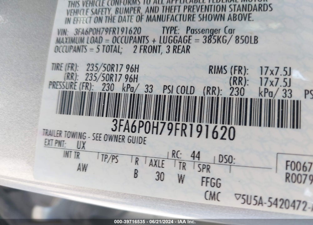 2015 FORD FUSION SE VIN: 3FA6P0H79FR191620