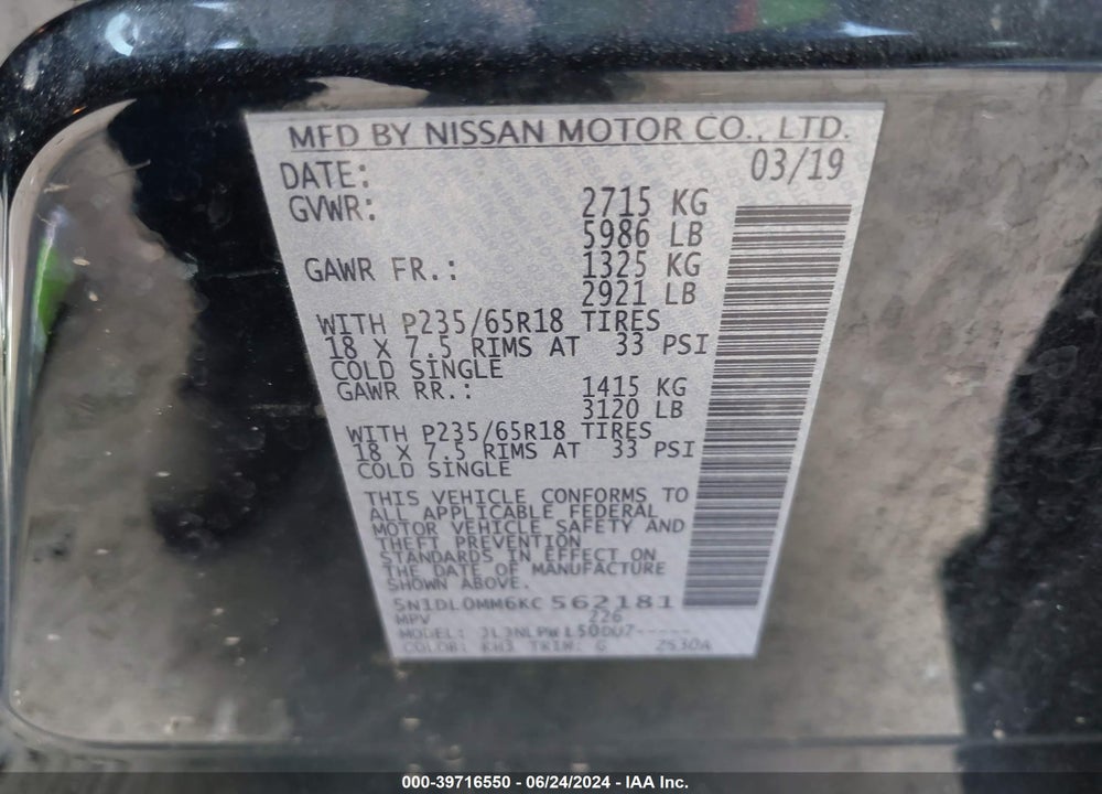 2019 INFINITI QX60 PURE VIN: 5N1DL0MM6KC562181