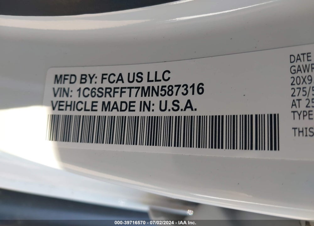 2021 RAM 1500 BIG HORN 4X4 5'7 BOX VIN: 1C6SRFFT7MN587316
