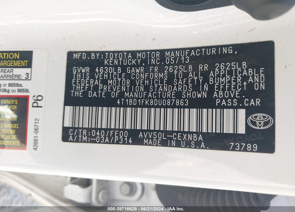 2013 TOYOTA CAMRY HYBRID LE VIN: 4T1BD1FK8DU087863