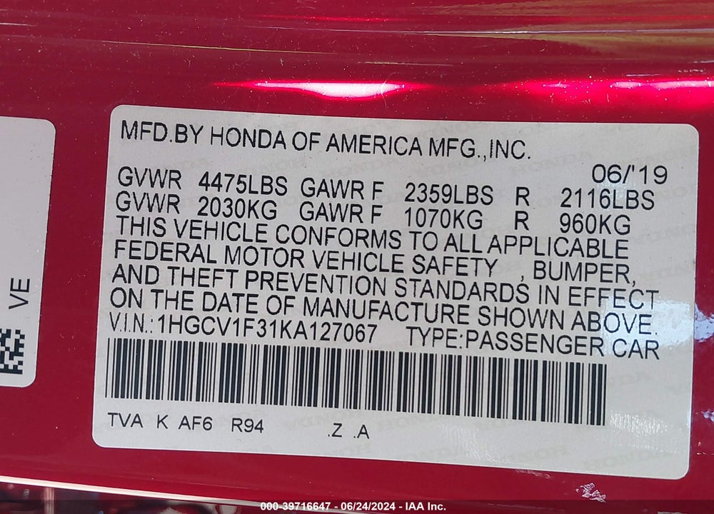 2019 HONDA ACCORD SPORT VIN: 1HGCV1F31KA127067