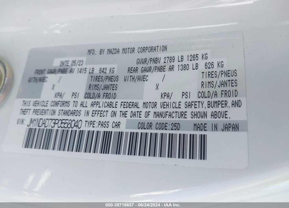2023 MAZDA MX-5 MIATA GRAND TOURING VIN: JM1NDAD73P0558040