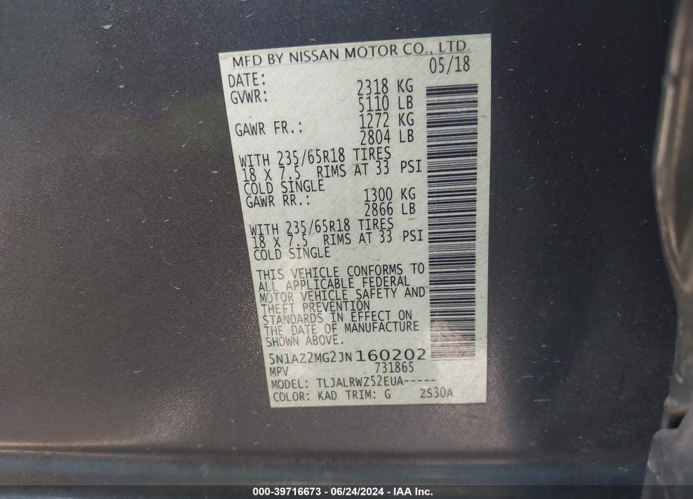 2018 NISSAN MURANO SL VIN: 5N1AZ2MG2JN160202