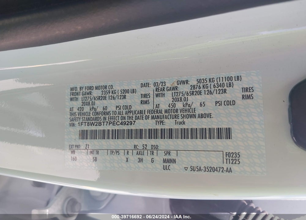 2023 FORD F-250 LARIAT VIN: 1FT8W2BT7PEC49297