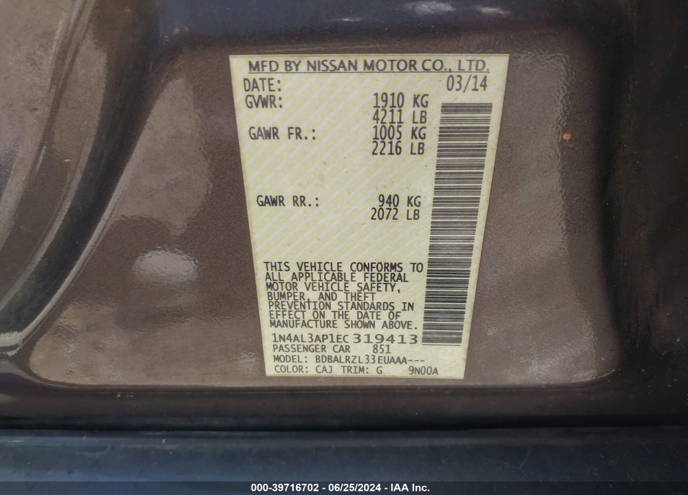 2014 NISSAN ALTIMA 2.5/2.5 S/2.5 SL/2.5 SV VIN: 1N4AL3AP1EC319413