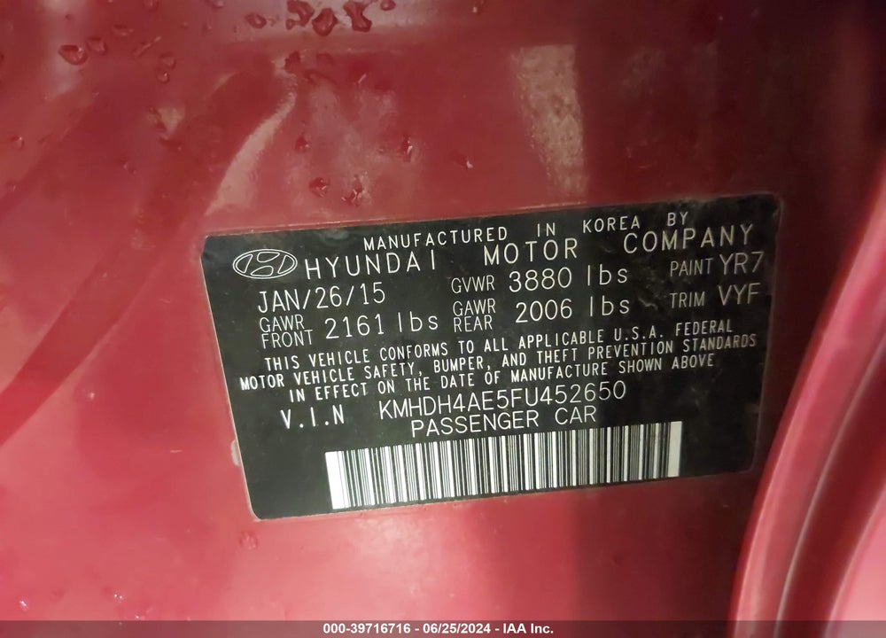 2015 HYUNDAI ELANTRA SE VIN: KMHDH4AE5FU452650