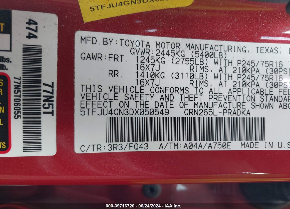 2013 TOYOTA TACOMA PRERUNNER V6 VIN: 5TFJU4GN3DX050549