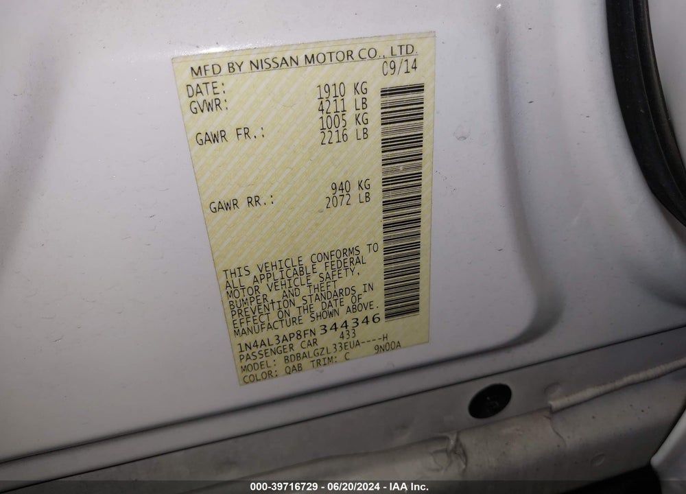 2015 NISSAN ALTIMA 2.5 S VIN: 1N4AL3AP8FN344346