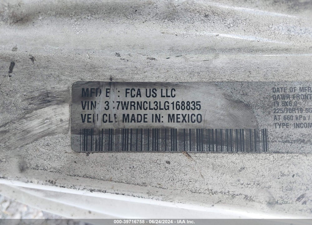 2020 RAM 5500 CHASSIS TRADESMAN/SLT VIN: 3C7WRNCL3LG168835