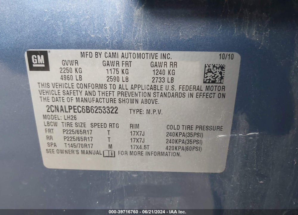 2011 CHEVROLET EQUINOX VIN: 2CNALPEC6B6253322
