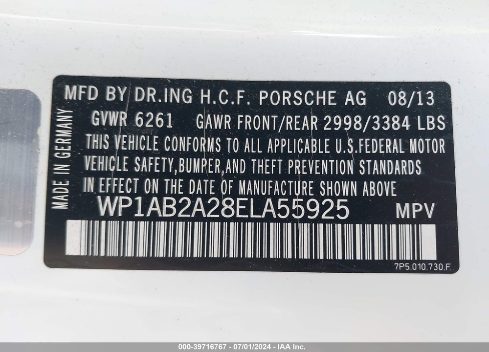 2014 PORSCHE CAYENNE S VIN: WP1AB2A28ELA55925