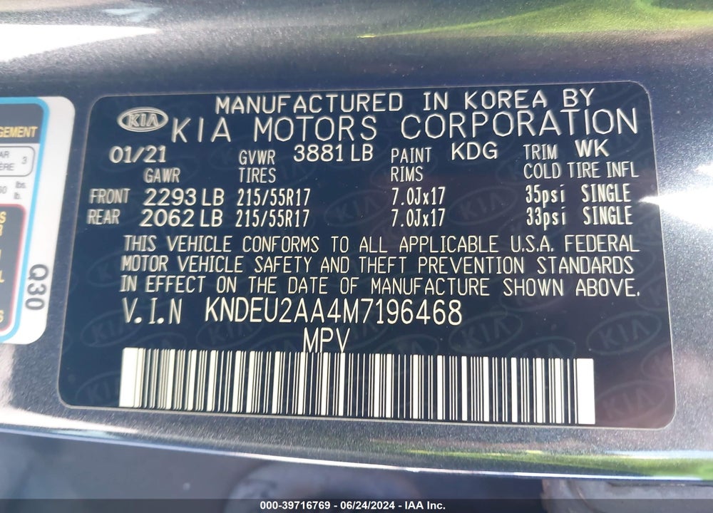 2021 KIA SELTOS S VIN: KNDEU2AA4M7196468