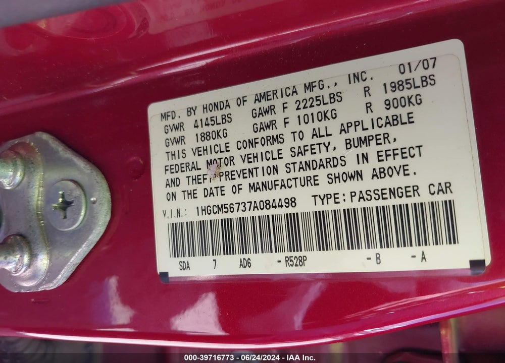 2007 HONDA ACCORD 2.4 EX VIN: 1HGCM56737A084498