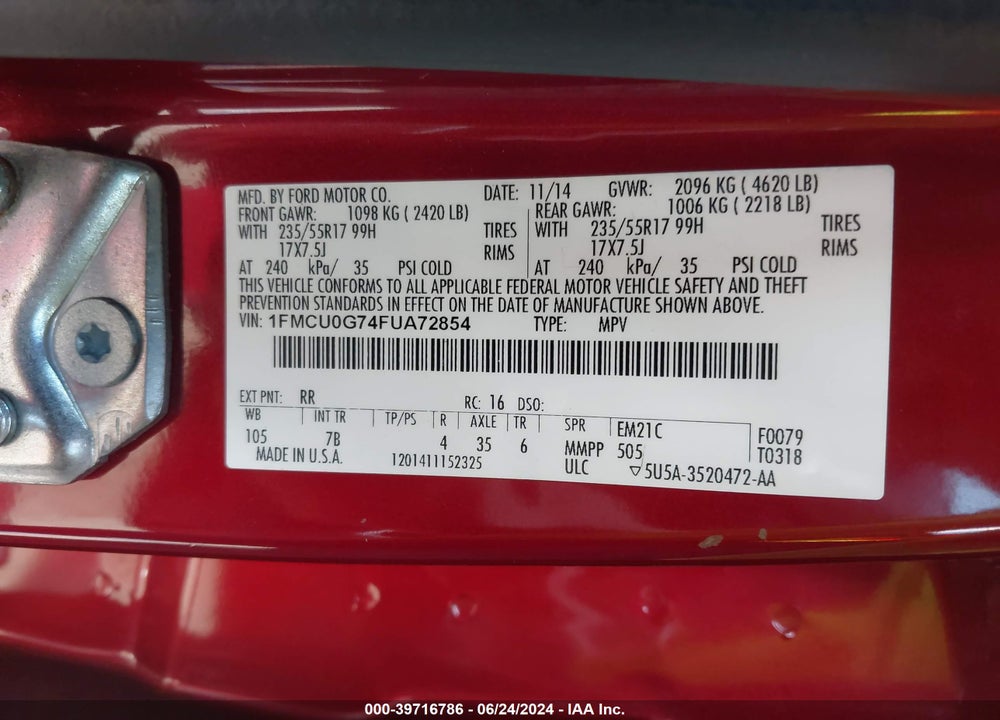 2015 FORD ESCAPE SE VIN: 1FMCU0G74FUA72854