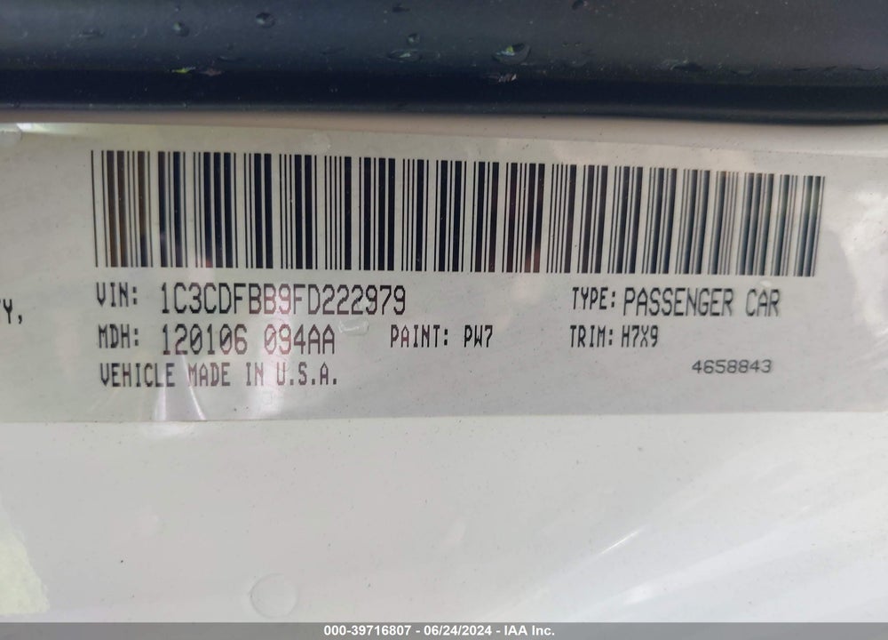 2015 DODGE DART SXT VIN: 1C3CDFBB9FD222979