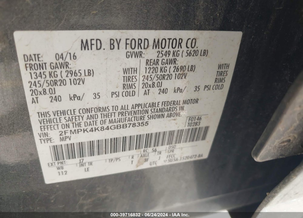 2016 FORD EDGE TITANIUM VIN: 2FMPK4K84GBB78355