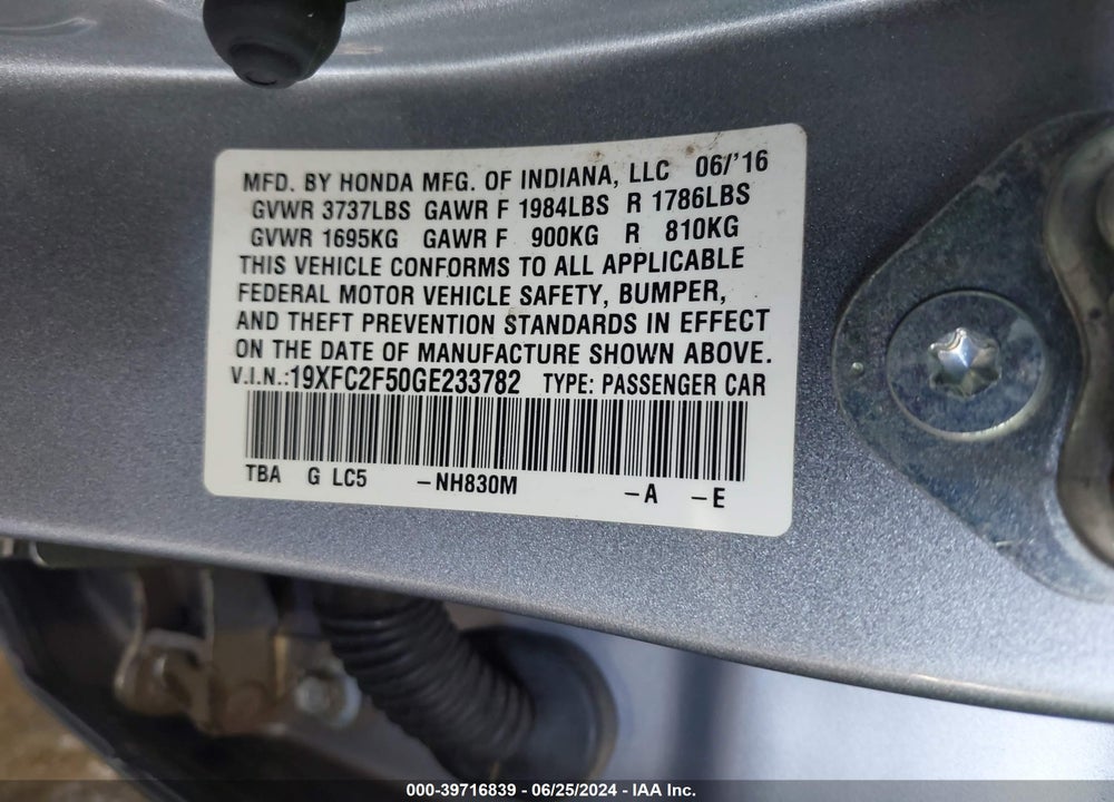2016 HONDA CIVIC LX VIN: 19XFC2F50GE233782