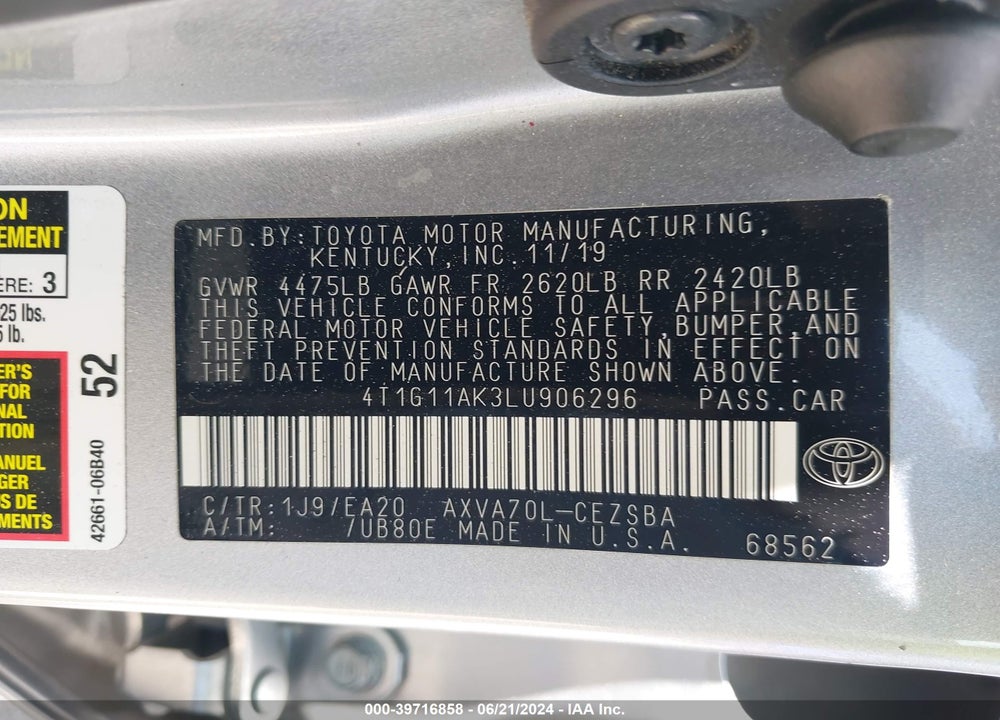 2020 TOYOTA CAMRY SE VIN: 4T1G11AK3LU906296