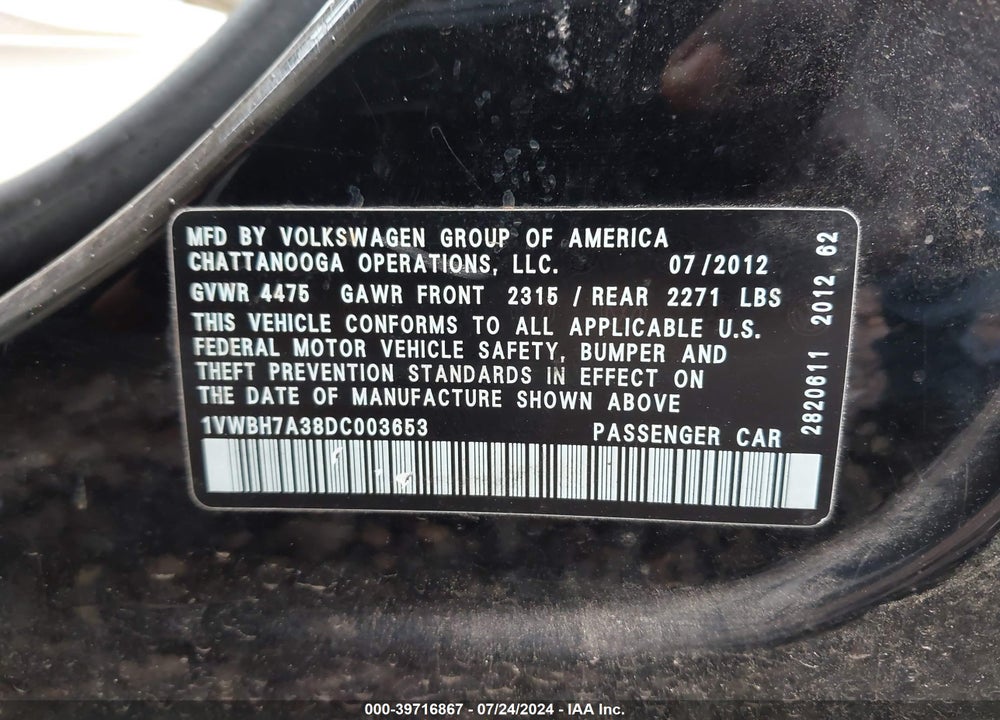 2013 VOLKSWAGEN PASSAT 2.5L SE VIN: 1VWBH7A38DC003653