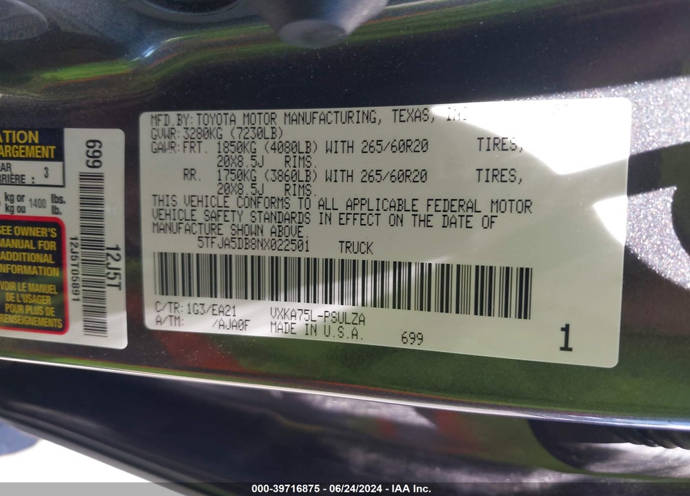 2022 TOYOTA TUNDRA LIMITED VIN: 5TFJA5DB8NX022501