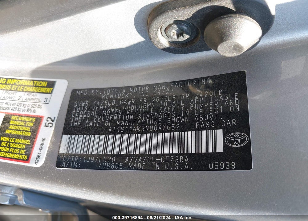 2022 TOYOTA CAMRY SE NIGHTSHADE EDITION VIN: 4T1G11AK5NU047652