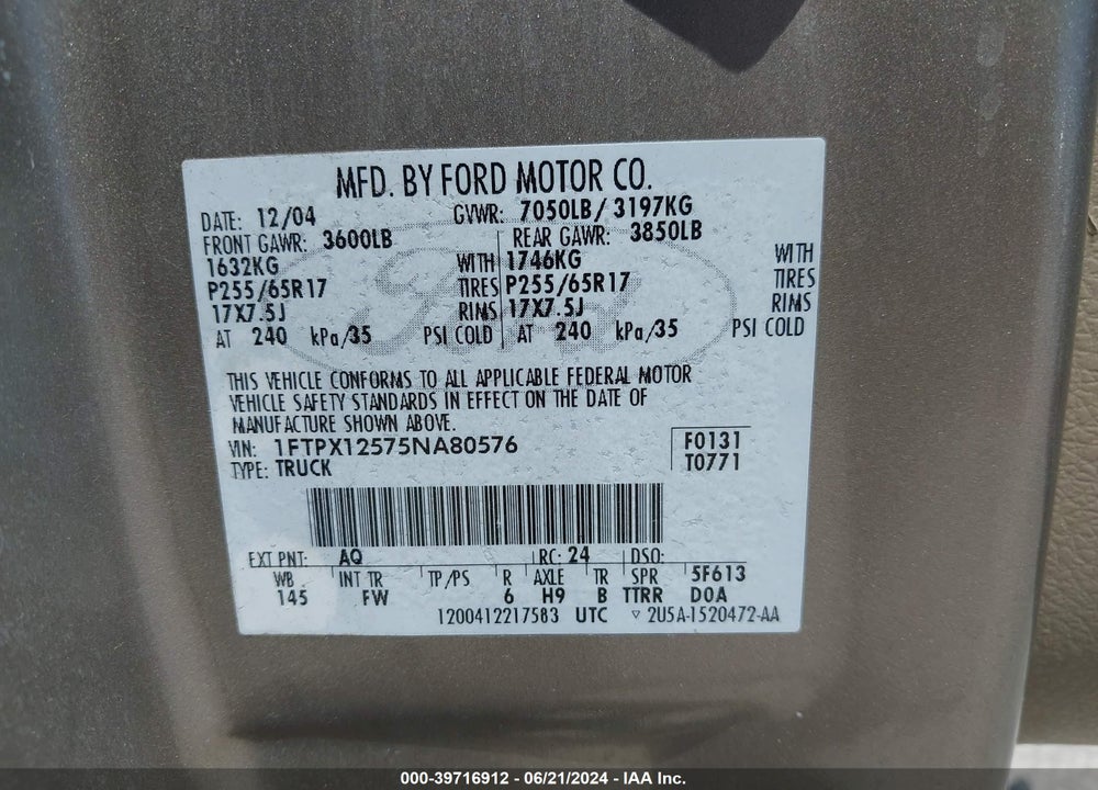 2005 FORD F-150 LARIAT/XL/XLT VIN: 1FTPX12575NA80576