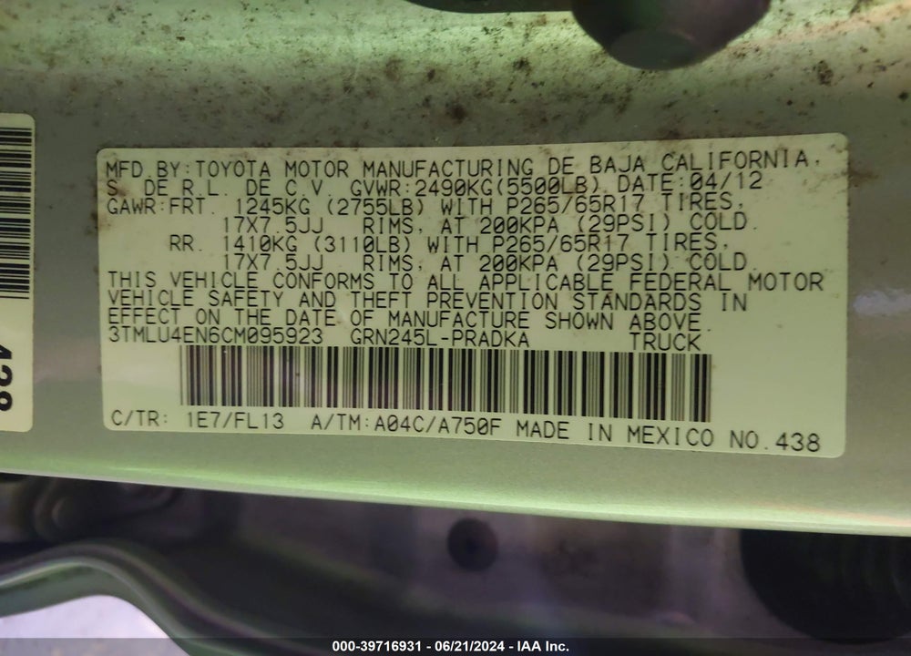 2012 TOYOTA TACOMA BASE V6 VIN: 3TMLU4EN6CM095923