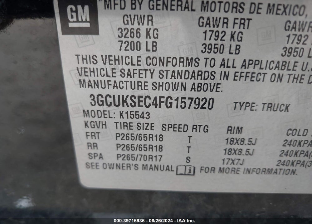 2015 CHEVROLET SILVERADO 1500 2LZ VIN: 3GCUKSEC4FG157920