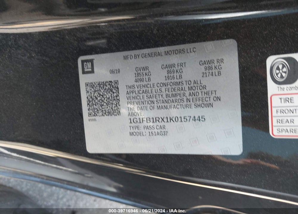 2019 CHEVROLET CAMARO 1LS VIN: 1G1FB1RX1K0157445