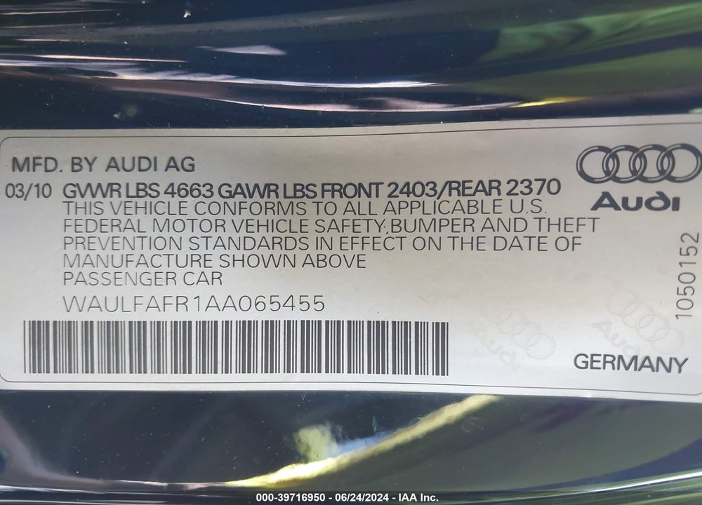 2010 AUDI A5 2.0T PREMIUM VIN: WAULFAFR1AA065455
