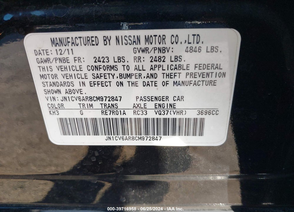 2012 INFINITI G37X VIN: JN1CV6AR8CM972847