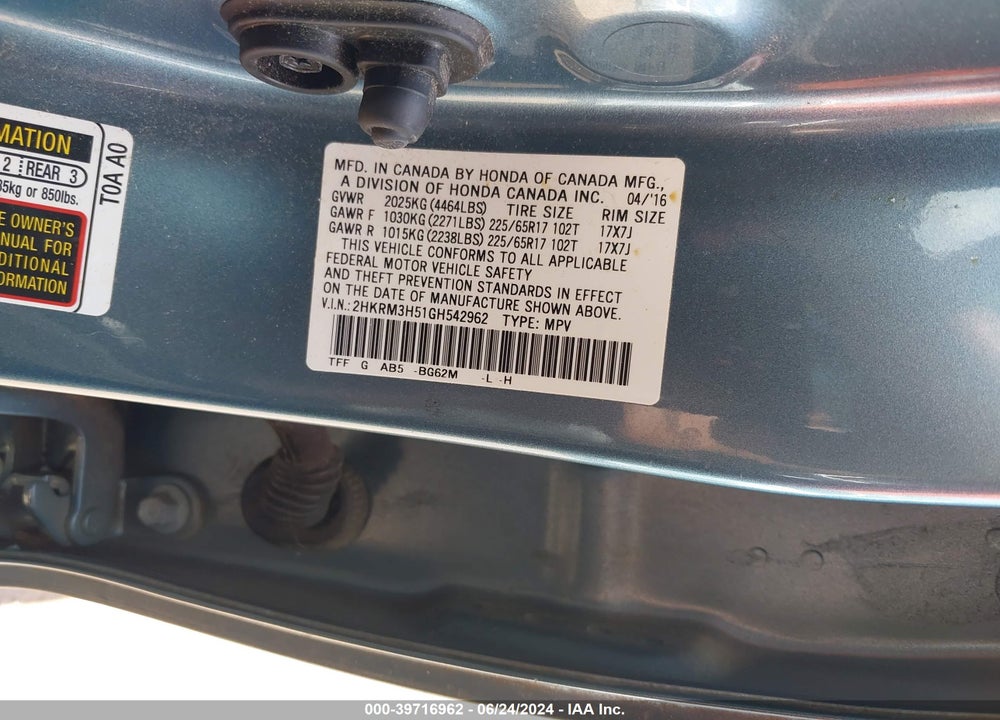 2016 HONDA CR-V VIN: 2HKRM3H51GH542962