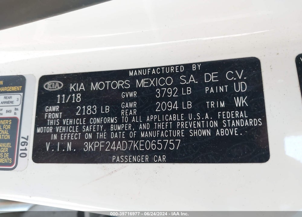 2019 KIA FORTE LXS VIN: 3KPF24AD7KE065757