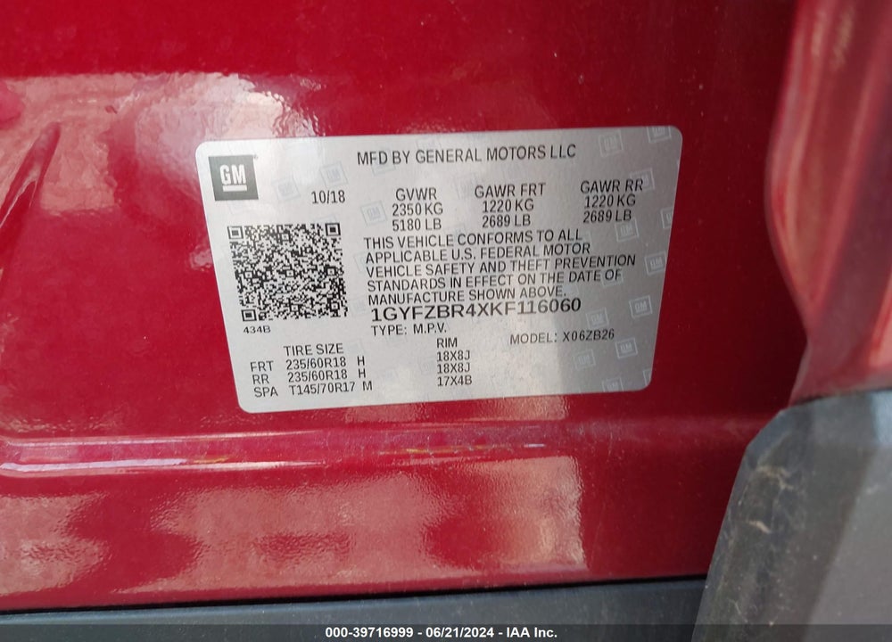 2019 CADILLAC XT4 LUXURY VIN: 1GYFZBR4XKF116060