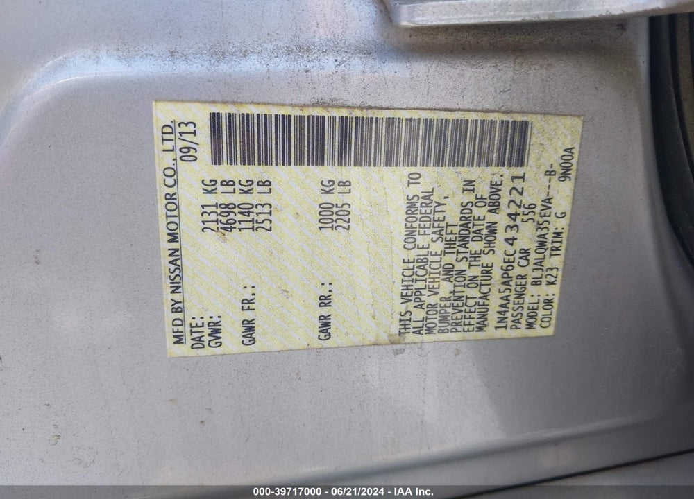 2014 NISSAN MAXIMA 3.5 S VIN: 1N4AA5AP6EC434221