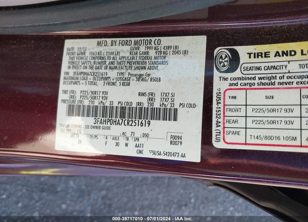2012 FORD FUSION SE VIN: 3FAHP0HA7CR251619