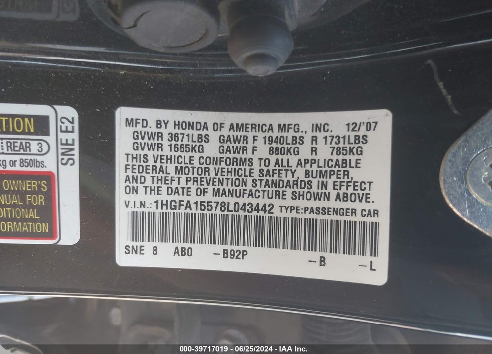 2008 HONDA CIVIC LX VIN: 1HGFA15578L043442