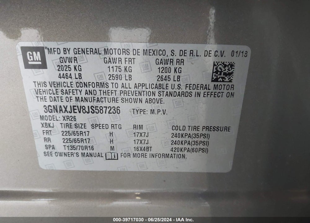 2018 CHEVROLET EQUINOX LT VIN: 3GNAXJEV8JS587236