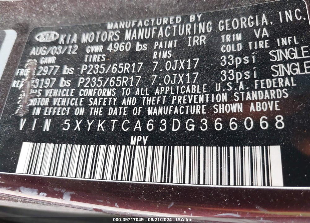 2013 KIA SORENTO LX VIN: 5XYKTCA63DG366068