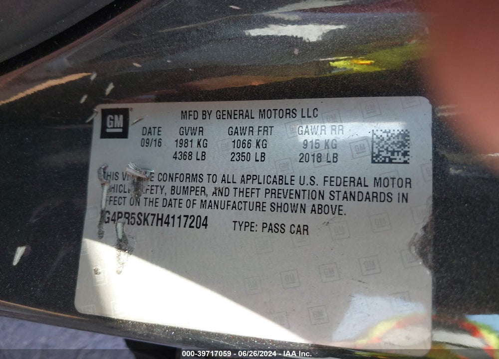 2017 BUICK VERANO SPORT TOURING VIN: 1G4PR5SK7H4117204