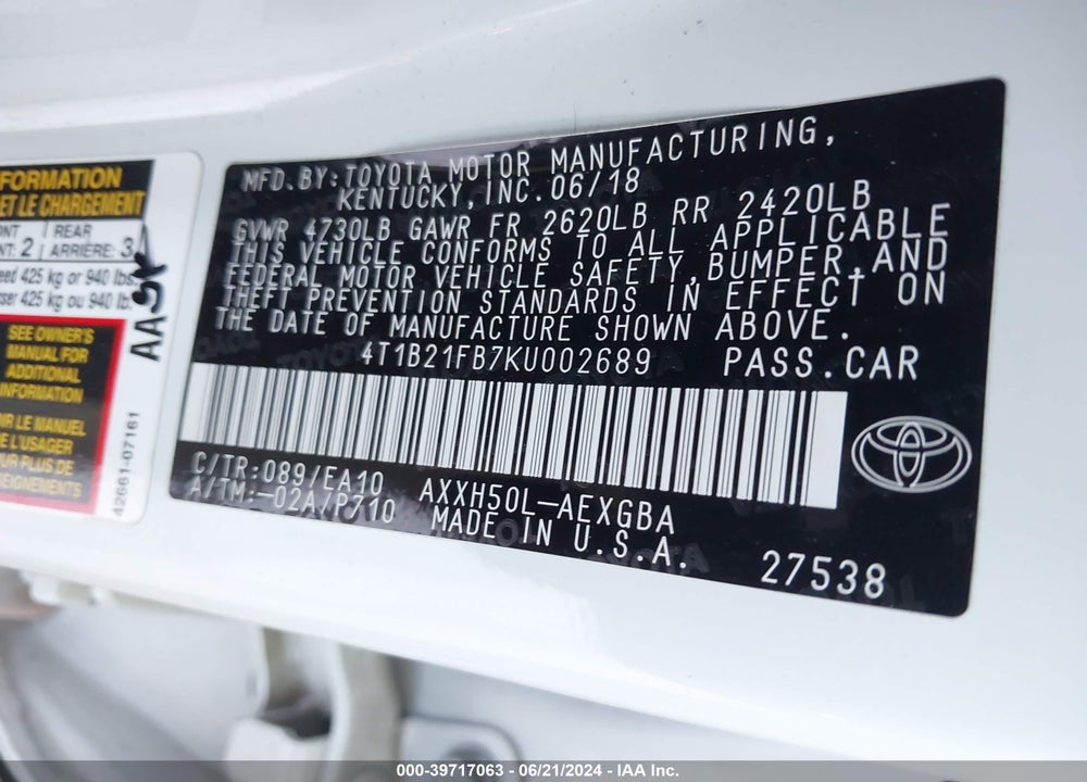 2019 TOYOTA AVALON HYBRID XLE VIN: 4T1B21FB7KU002689