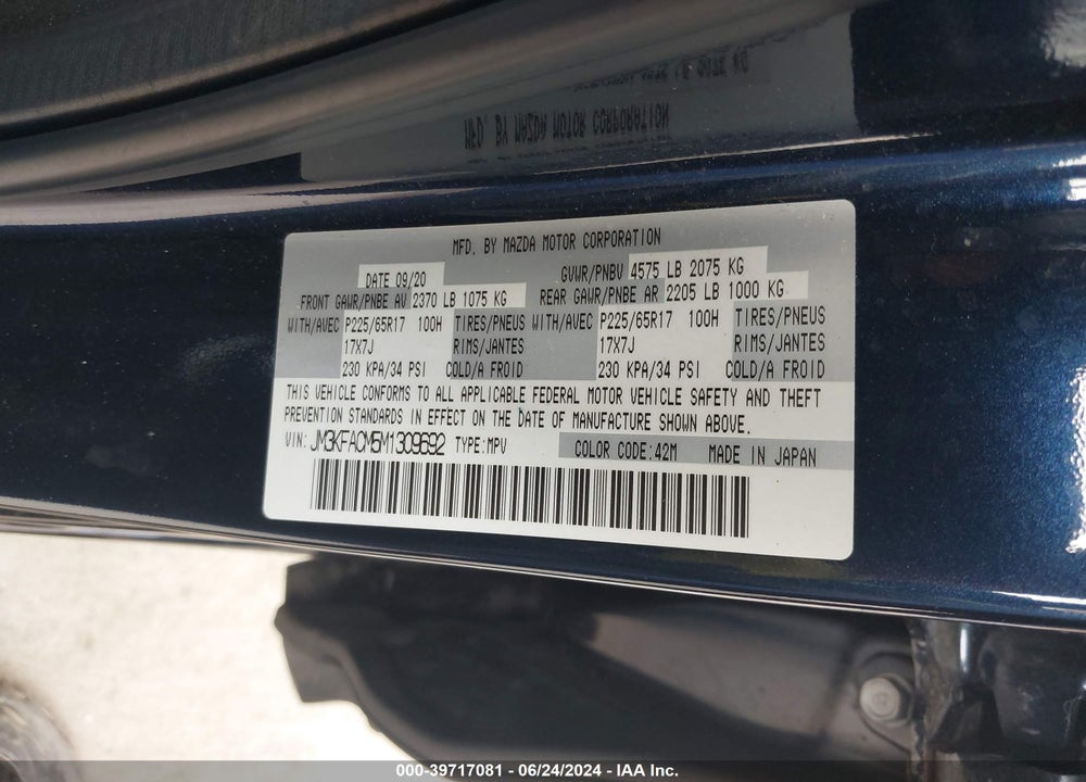 2021 MAZDA CX-5 TOURING VIN: JM3KFACM5M1309692