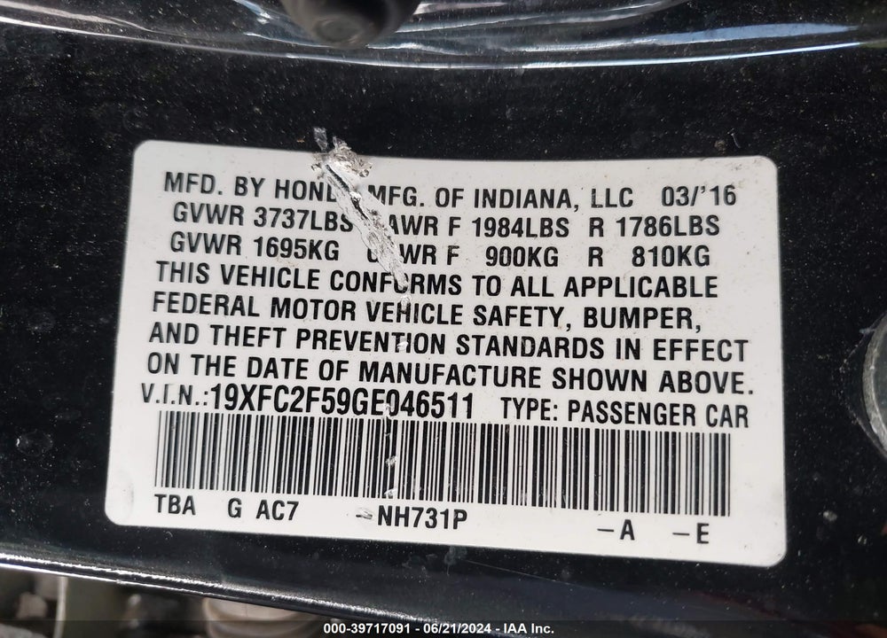 2016 HONDA CIVIC LX VIN: 19XFC2F59GE046511