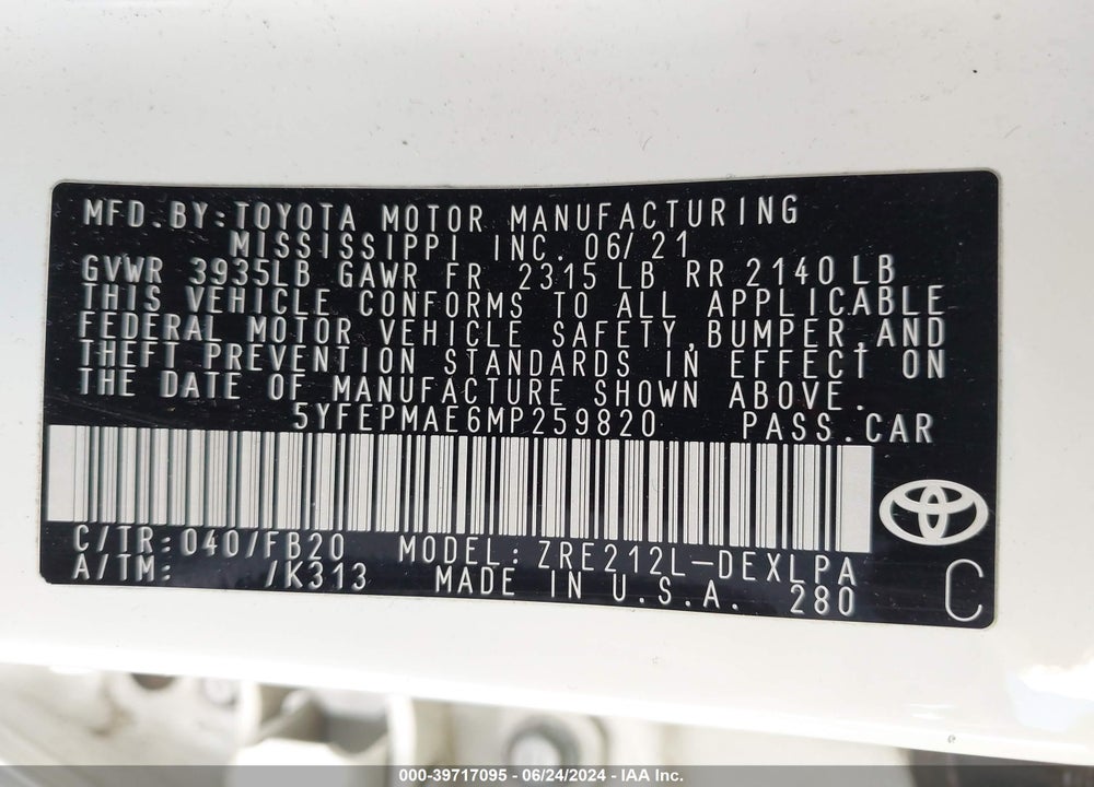 2021 TOYOTA COROLLA LE VIN: 5YFEPMAE6MP259820