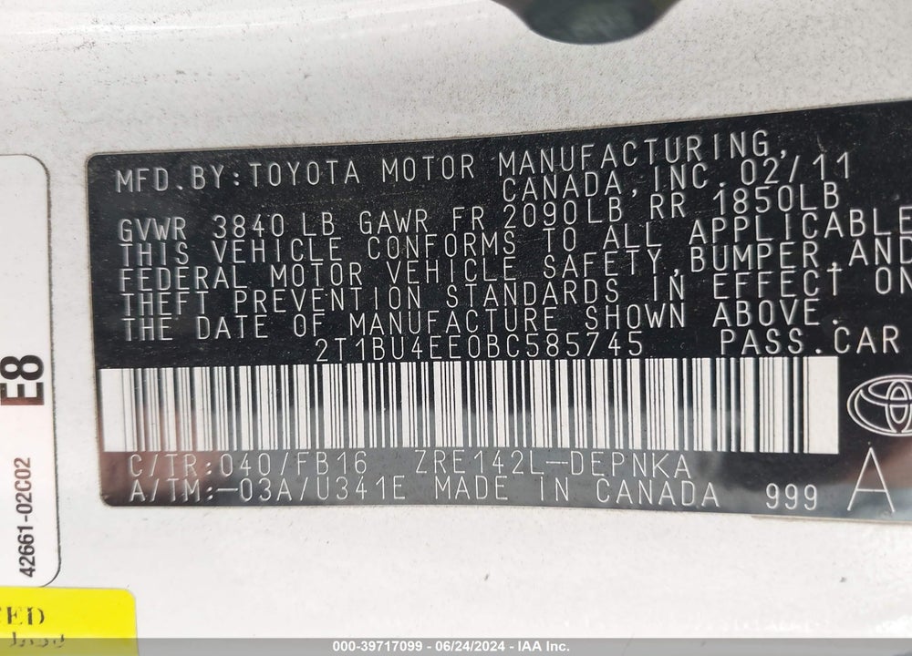 2011 TOYOTA COROLLA VIN: 2T1BU4EE0BC585745