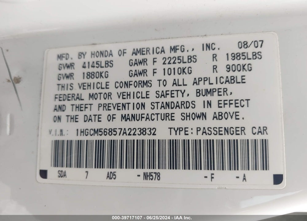 2007 HONDA ACCORD 2.4 EX VIN: 1HGCM56857A223832