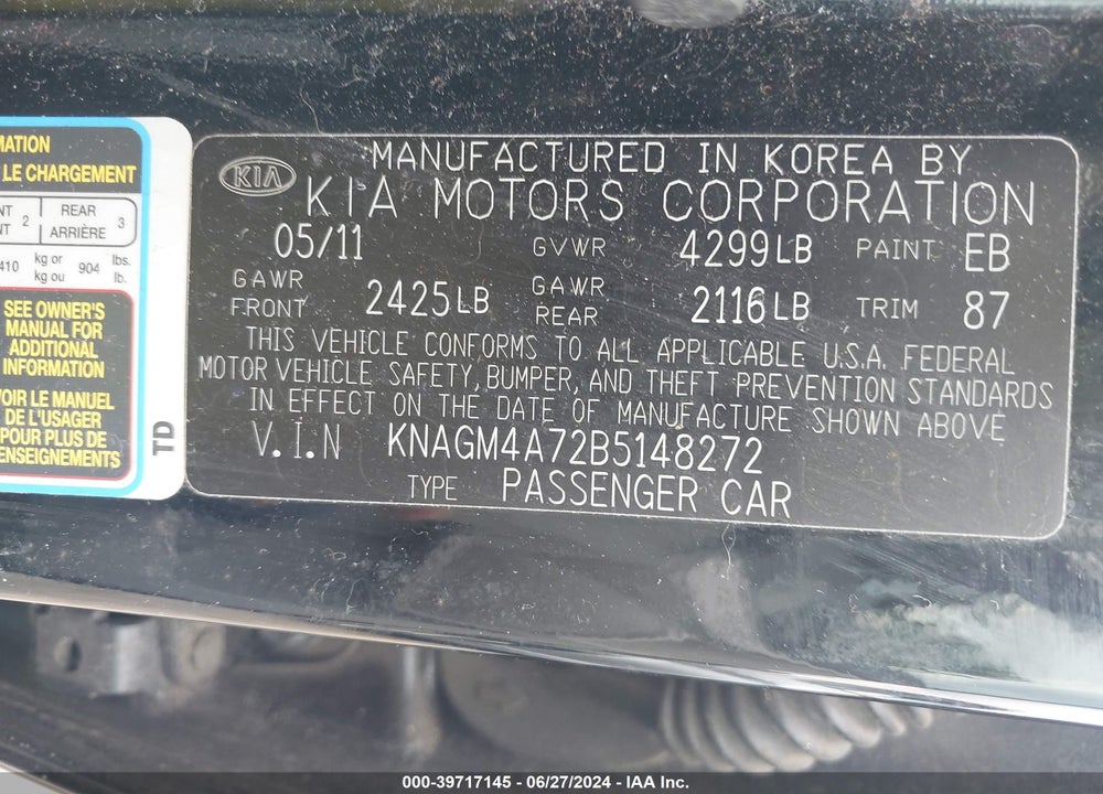 2011 KIA OPTIMA VIN: KNAGM4A72B5148272