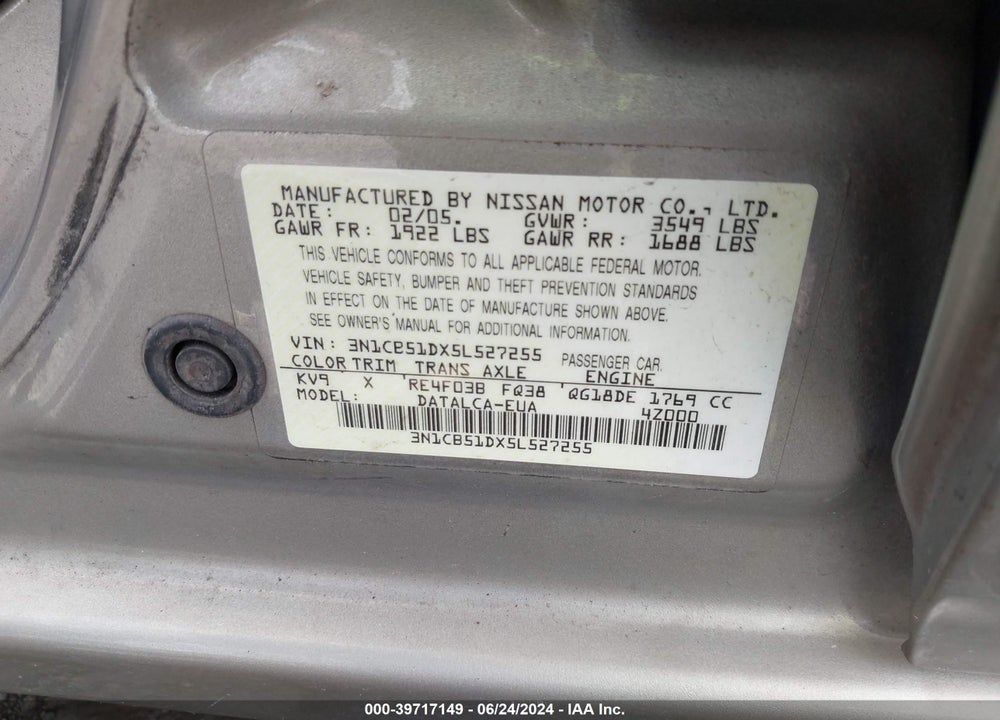 2005 NISSAN SENTRA 1.8 VIN: 3N1CB51DX5L527255