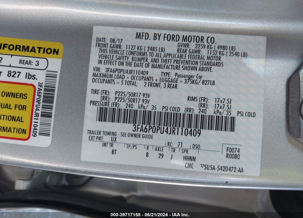 2018 FORD FUSION ENERGI SE LUXURY VIN: 3FA6P0PU4JR110409