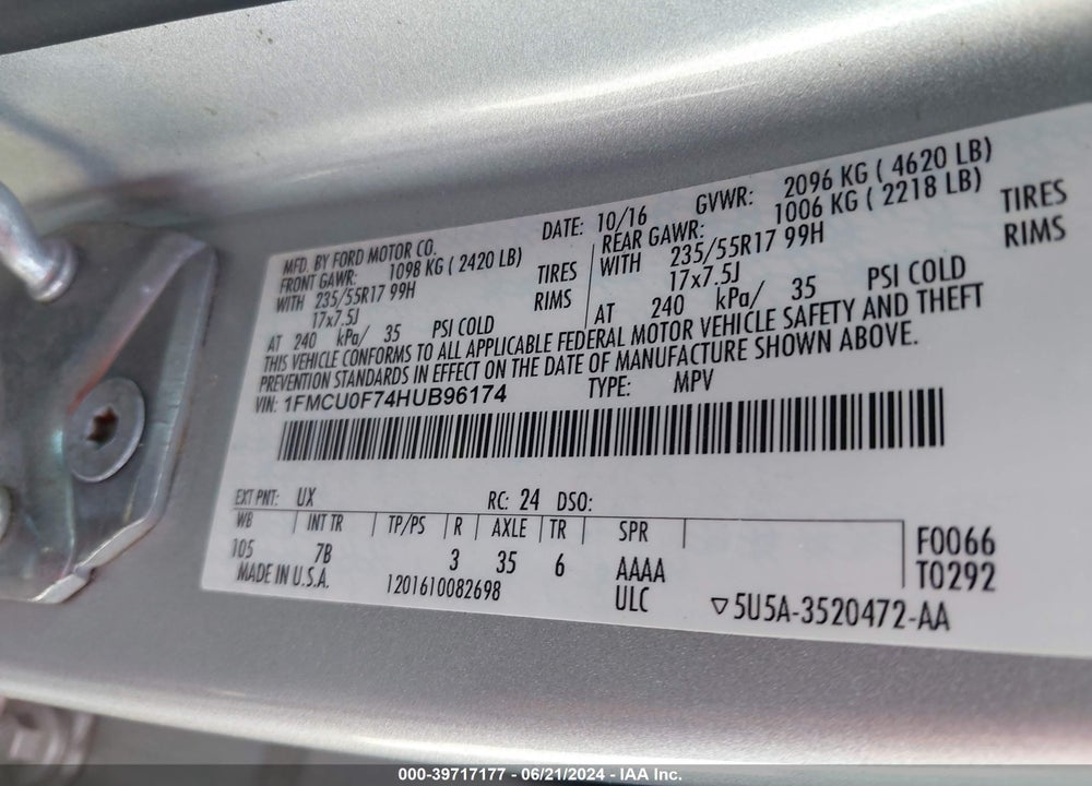 2017 FORD ESCAPE S VIN: 1FMCU0F74HUB96174